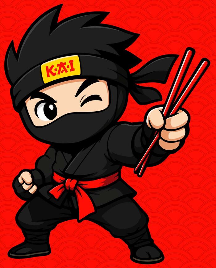 K.A.I ninja mascot holding chopsticks
